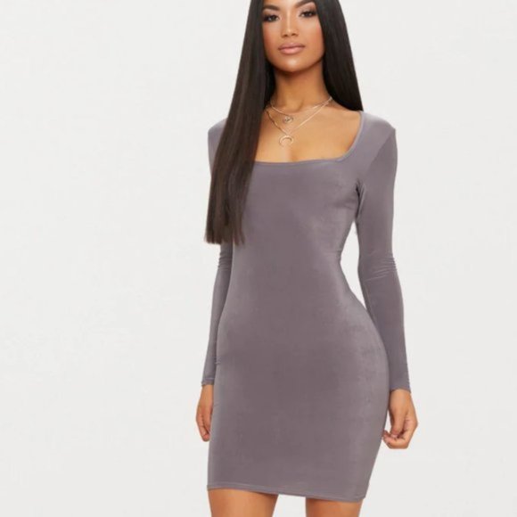 NWT – Grey Slinky Square Neck Bodycon Dress